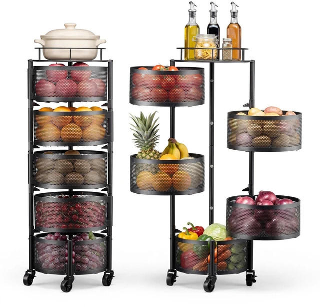 Main image of VEVOR Rotating Storage Rack Cart, 5 Tier Fruit and Vegetable Basket Bowls, Heavy Duty Wire Basket Organizer on Wheels, Large Capacity Stand with Metal Top Lid, for Kitchen Bathroom Nursery, Black
