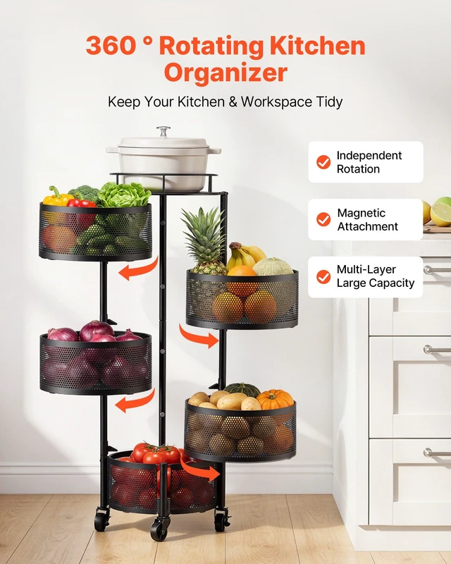 Alt view image 2 of 8 - VEVOR Rotating Storage Rack Cart, 5 Tier Fruit and Vegetable Basket Bowls, Heavy Duty Wire Basket Organizer on Wheels, Large Capacity Stand with Metal Top Lid, for Kitchen Bathroom Nursery, Black