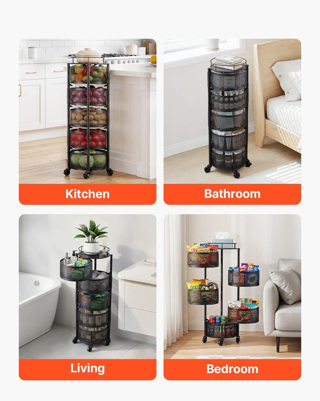 Alt view image 6 of 8 - VEVOR Rotating Storage Rack Cart, 5 Tier Fruit and Vegetable Basket Bowls, Heavy Duty Wire Basket Organizer on Wheels, Large Capacity Stand with Metal Top Lid, for Kitchen Bathroom Nursery, Black