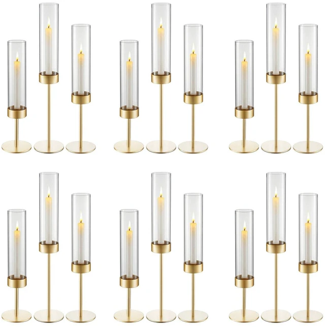 Main image of VEVOR Hurricane Candle Holders Set of 18, Gold Metal Stand with Clear Glass Cylinders, Elegant Tiered Centerpieces Wind Protection for Wedding, Table Centerpieces, Party, Home Decor, Modern Style