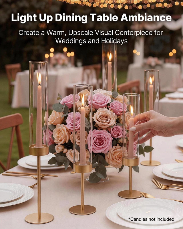 Alt view image 2 of 8 - VEVOR Hurricane Candle Holders Set of 18, Gold Metal Stand with Clear Glass Cylinders, Elegant Tiered Centerpieces Wind Protection for Wedding, Table Centerpieces, Party, Home Decor, Modern Style