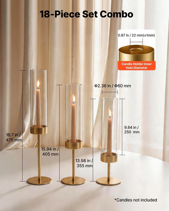 Alt view image 3 of 8 - VEVOR Hurricane Candle Holders Set of 18, Gold Metal Stand with Clear Glass Cylinders, Elegant Tiered Centerpieces Wind Protection for Wedding, Table Centerpieces, Party, Home Decor, Modern Style