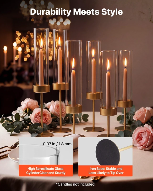Alt view image 4 of 8 - VEVOR Hurricane Candle Holders Set of 18, Gold Metal Stand with Clear Glass Cylinders, Elegant Tiered Centerpieces Wind Protection for Wedding, Table Centerpieces, Party, Home Decor, Modern Style