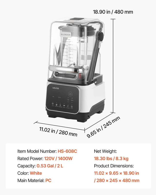 Alt view image 7 of 8 - VEVOR Blender, 68 oz Professional Countertop Blenders with Shield, 2200W 26000RPM Kitchen Food Processor Combo, Self-Cleaning, Speed Adjustable, 6 Preset Menu for Smoothies, Ice Crushing, Puree, White