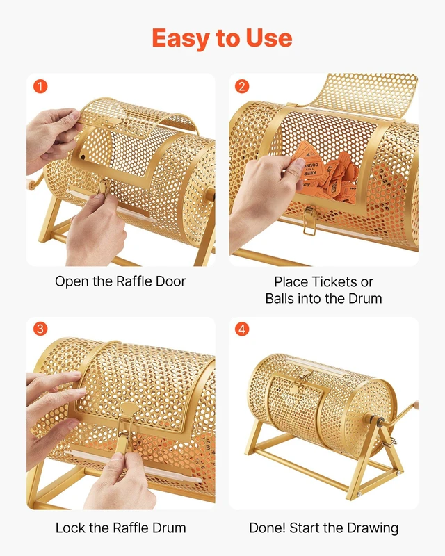 Alt view image 5 of 8 - VEVOR Raffle Ticket Spinner, 11.6" x 6.6" Holds 2500 Tickets or 100 Ping Pong Balls, Raffle Drum Lottery Spinning Cage with Reinforced Handle, Stable Triangular Stand, for Events and Gatherings, Gold
