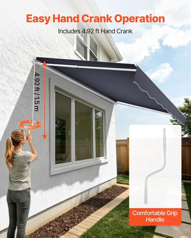 Alt view image 5 of 8 - VEVOR Manual Retractable Awning, 11.5' x 9.8' Outdoor Patio Awning Retractable Sun Shade, Patio Door Window Water-Resistant Polyester Sunshade Shelter with Crank Handle for Deck, Balcony, Yard, Gray