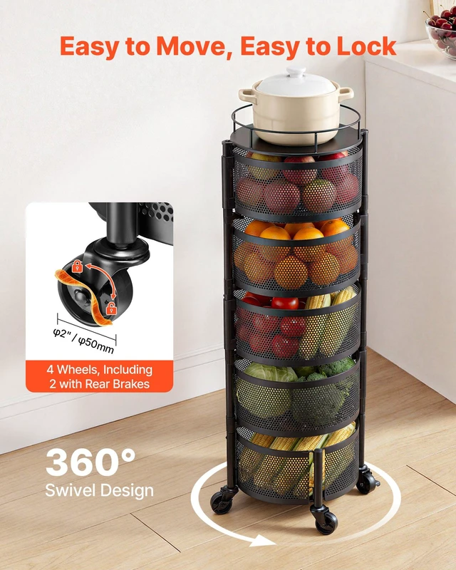 Alt view image 4 of 8 - VEVOR Rotating Storage Rack Cart, 5 Tier Fruit and Vegetable Basket Bowls, Heavy Duty Wire Basket Organizer on Wheels, Large Capacity Stand with Metal Top Lid, for Kitchen Bathroom Nursery, Black