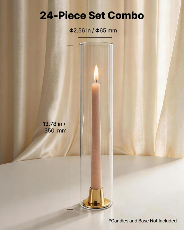 Alt view image 3 of 8 - VEVOR Hurricane Glass Cylinders Set of 24, 2.56 x 13.78 in Tall Clear Glass Candle Covers, High Borosilicate Glass Sleeves for Pillar Candles, Wedding Centerpieces, Home Decor, Party, Wind Protection