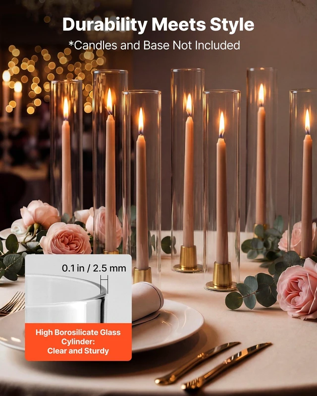 Alt view image 4 of 8 - VEVOR Hurricane Glass Cylinders Set of 24, 2.56 x 13.78 in Tall Clear Glass Candle Covers, High Borosilicate Glass Sleeves for Pillar Candles, Wedding Centerpieces, Home Decor, Party, Wind Protection