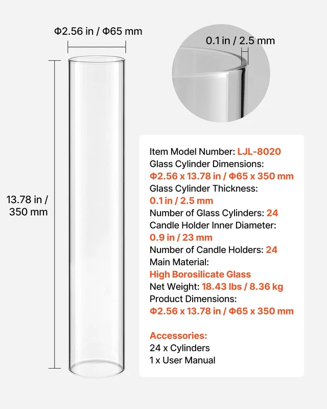 Alt view image 7 of 8 - VEVOR Hurricane Glass Cylinders Set of 24, 2.56 x 13.78 in Tall Clear Glass Candle Covers, High Borosilicate Glass Sleeves for Pillar Candles, Wedding Centerpieces, Home Decor, Party, Wind Protection