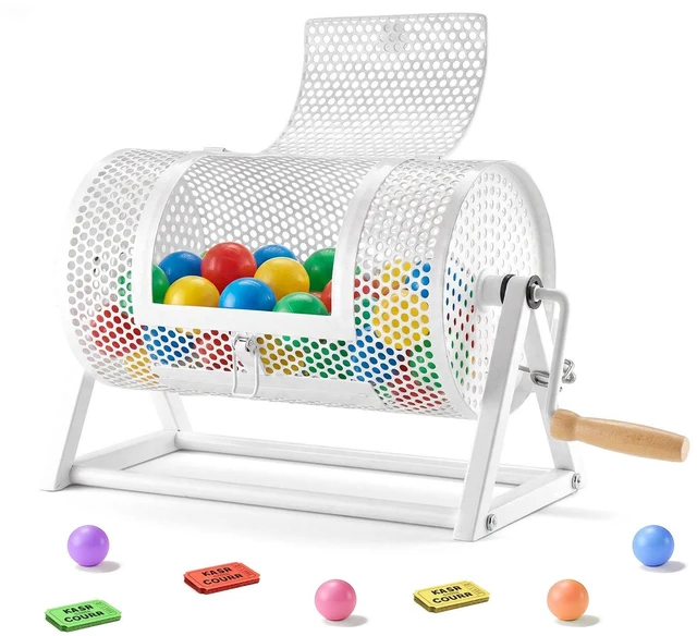 Main image of VEVOR Raffle Ticket Spinner, 11.6" x 6.6" Holds 2500 Tickets or 100 Ping Pong Balls, Raffle Drum Lottery Spinning Cage with Reinforced Handle, Stable Triangular Stand, for Events and Gatherings, White