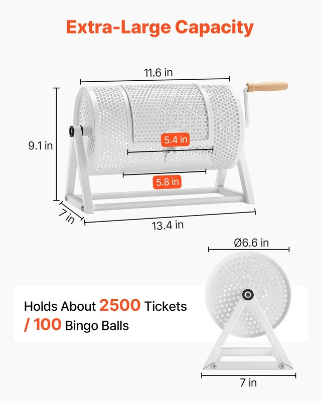 Alt view image 2 of 8 - VEVOR Raffle Ticket Spinner, 11.6" x 6.6" Holds 2500 Tickets or 100 Ping Pong Balls, Raffle Drum Lottery Spinning Cage with Reinforced Handle, Stable Triangular Stand, for Events and Gatherings, White