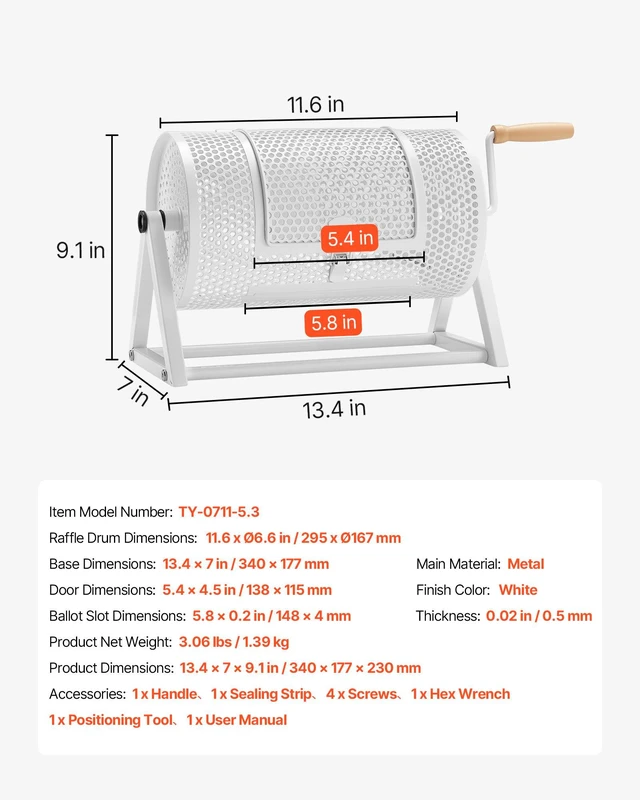 Alt view image 7 of 8 - VEVOR Raffle Ticket Spinner, 11.6" x 6.6" Holds 2500 Tickets or 100 Ping Pong Balls, Raffle Drum Lottery Spinning Cage with Reinforced Handle, Stable Triangular Stand, for Events and Gatherings, White