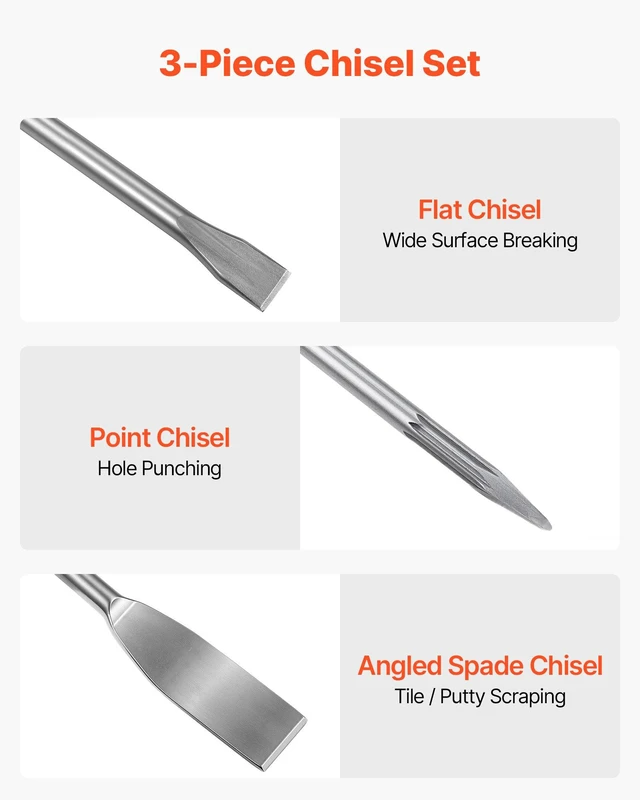 Alt view image 2 of 8 - VEVOR SDS Plus Chisel Set, 3 pcs SDS Plus Rotary Hammer Drill Attachments, Includes Point, Flat, & Angled Spade Chisels, Heat Treated 40Cr Alloy Steel, Sharp Edge for Demolition, Concrete and Brick