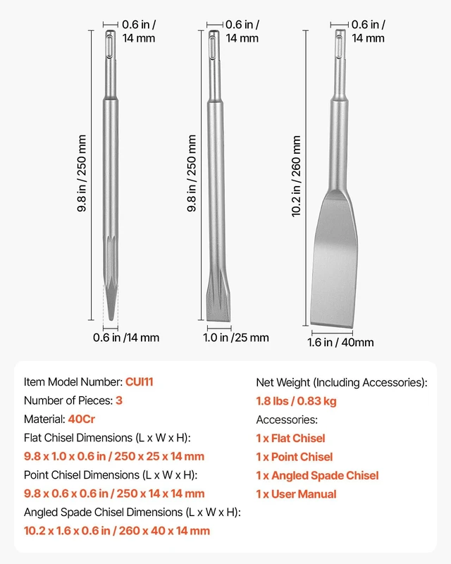 Alt view image 7 of 8 - VEVOR SDS Plus Chisel Set, 3 pcs SDS Plus Rotary Hammer Drill Attachments, Includes Point, Flat, & Angled Spade Chisels, Heat Treated 40Cr Alloy Steel, Sharp Edge for Demolition, Concrete and Brick