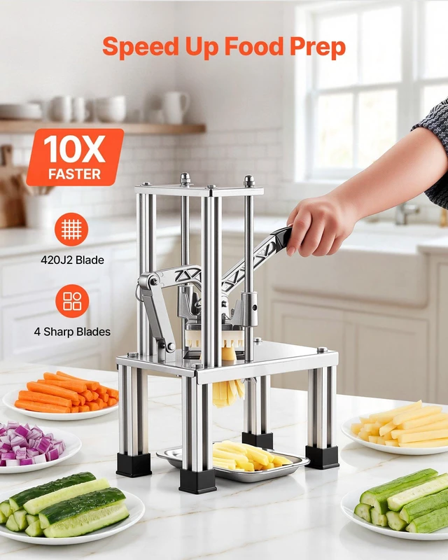 Alt view image 2 of 8 - VEVOR French Fry Cutter, Commercial Vegetable Chopper with 4 Blades (1/4", 3/8", 6-Wedge & Apple Corer), Stainless Steel Potato Slicer for Fries, Onion, Carrots, Lemon Home & Restaurant Use