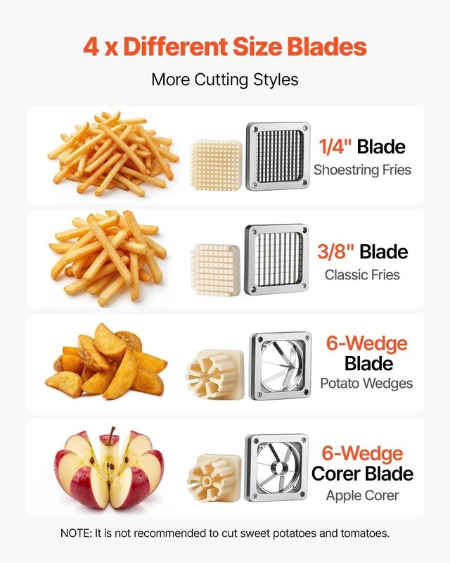Alt view image 3 of 8 - VEVOR French Fry Cutter, Commercial Vegetable Chopper with 4 Blades (1/4", 3/8", 6-Wedge & Apple Corer), Stainless Steel Potato Slicer for Fries, Onion, Carrots, Lemon Home & Restaurant Use