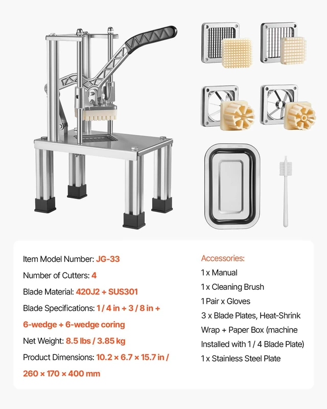 Alt view image 7 of 8 - VEVOR French Fry Cutter, Commercial Vegetable Chopper with 4 Blades (1/4", 3/8", 6-Wedge & Apple Corer), Stainless Steel Potato Slicer for Fries, Onion, Carrots, Lemon Home & Restaurant Use