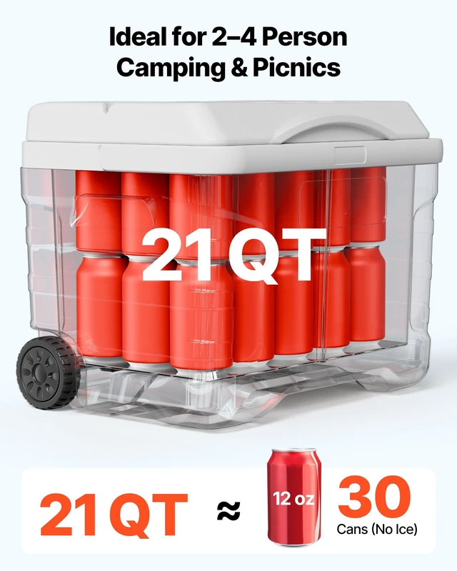 Alt view image 2 of 7 - VEVOR Hard Cooler, 21QT Portable Rolling Cooler with Wheels, Leak-Resistant Coolbox Keeps Contents Cool for 48 Hours, Ice Retention Insulated Chests, Ultra-Light for Outdoor Picnics, Grill, Camping
