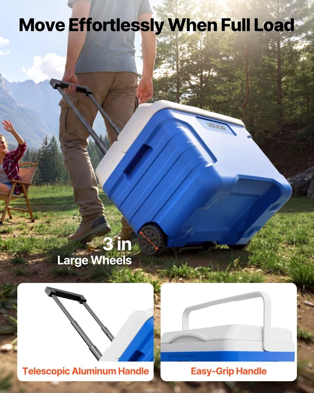Alt view image 3 of 7 - VEVOR Hard Cooler, 21QT Portable Rolling Cooler with Wheels, Leak-Resistant Coolbox Keeps Contents Cool for 48 Hours, Ice Retention Insulated Chests, Ultra-Light for Outdoor Picnics, Grill, Camping