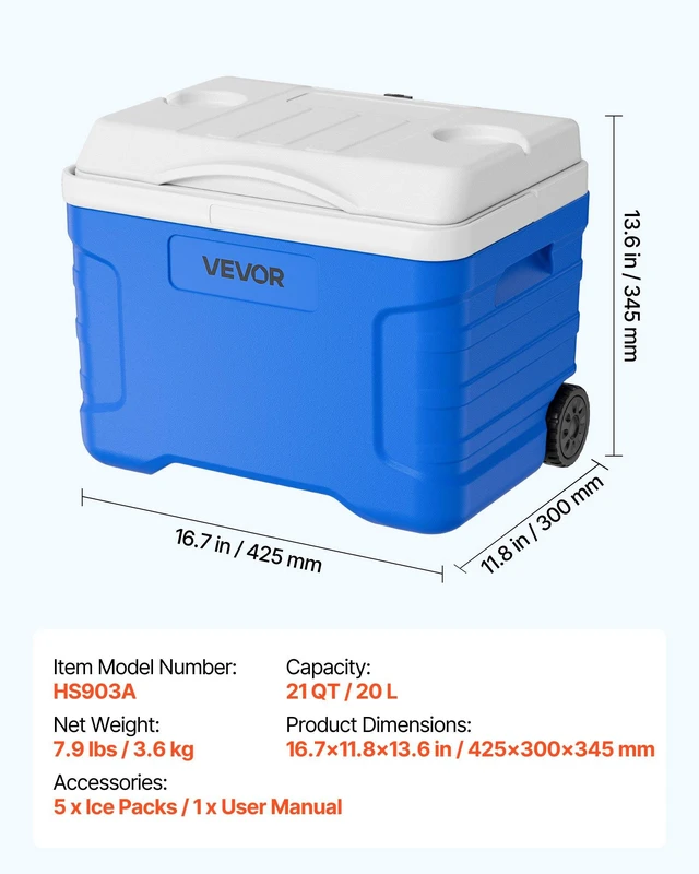 Alt view image 6 of 7 - VEVOR Hard Cooler, 21QT Portable Rolling Cooler with Wheels, Leak-Resistant Coolbox Keeps Contents Cool for 48 Hours, Ice Retention Insulated Chests, Ultra-Light for Outdoor Picnics, Grill, Camping