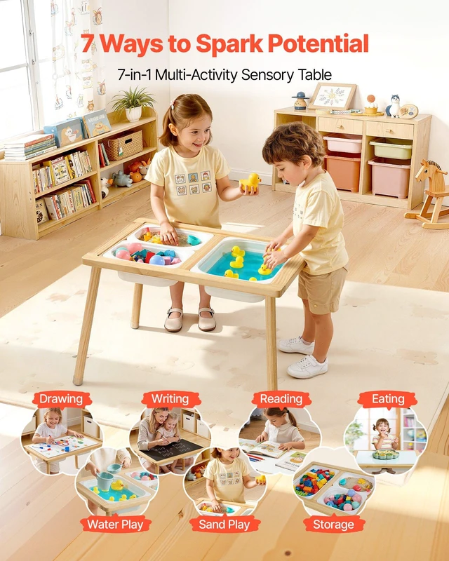 Alt view image 2 of 8 - VEVOR Sensory Table for Toddlers, Wooden Kids Activity Table with Reversible Double-Sided Board, Storage Bins, and Non-Slip Feet, for Boys and Girls Playing Sand and Water, Drawing, Studying, Dining