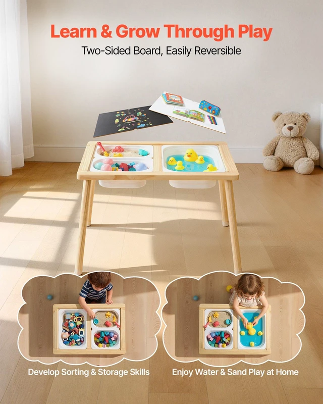 Alt view image 4 of 8 - VEVOR Sensory Table for Toddlers, Wooden Kids Activity Table with Reversible Double-Sided Board, Storage Bins, and Non-Slip Feet, for Boys and Girls Playing Sand and Water, Drawing, Studying, Dining