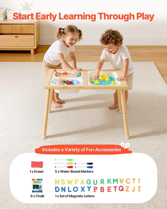 Alt view image 7 of 8 - VEVOR Sensory Table for Toddlers, Wooden Kids Activity Table with Reversible Double-Sided Board, Storage Bins, and Non-Slip Feet, for Boys and Girls Playing Sand and Water, Drawing, Studying, Dining