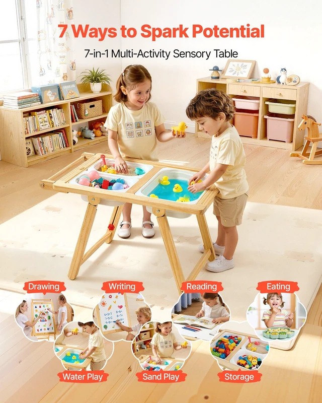 Alt view image 2 of 8 - VEVOR Sensory Table for Toddlers, Wooden Kids Activity Table and Art Easel with Reversible Double-Sided Board, Storage Bins, for Boys and Girls Playing Sand and Water, Drawing, Studying, Dining