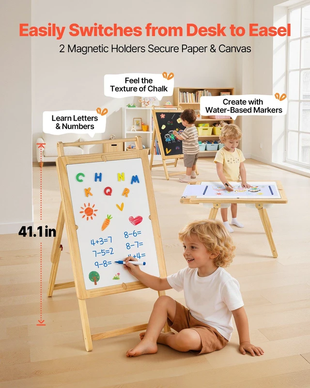 Alt view image 3 of 8 - VEVOR Sensory Table for Toddlers, Wooden Kids Activity Table and Art Easel with Reversible Double-Sided Board, Storage Bins, for Boys and Girls Playing Sand and Water, Drawing, Studying, Dining