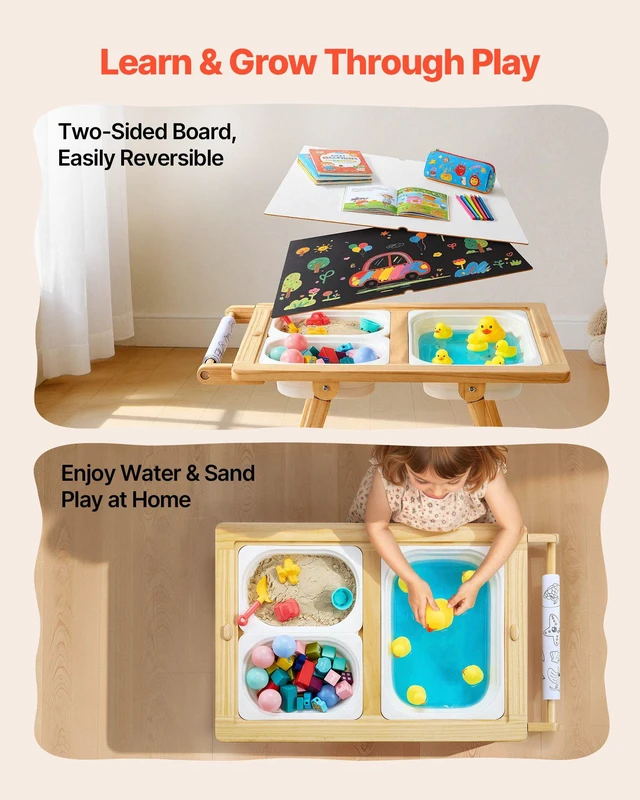 Alt view image 5 of 8 - VEVOR Sensory Table for Toddlers, Wooden Kids Activity Table and Art Easel with Reversible Double-Sided Board, Storage Bins, for Boys and Girls Playing Sand and Water, Drawing, Studying, Dining