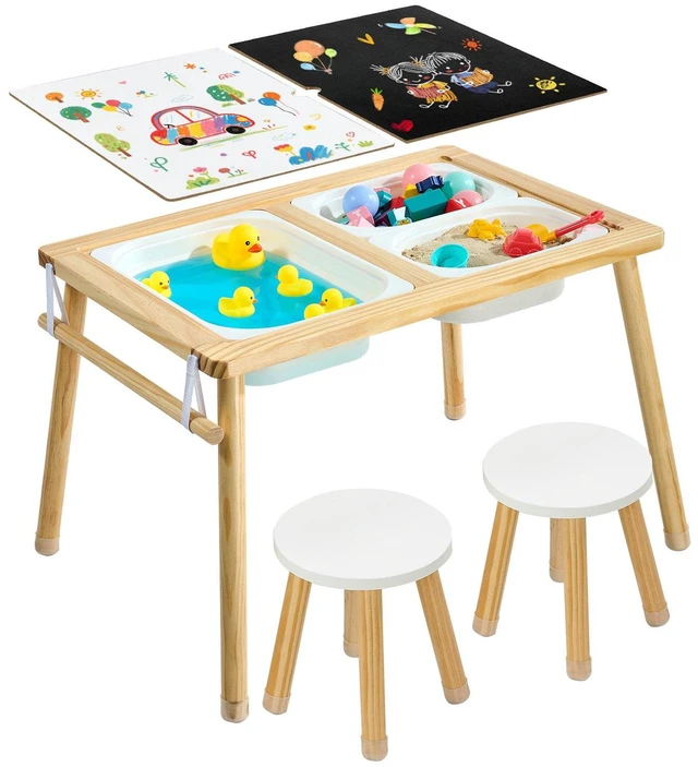 Main image of VEVOR Sensory Table for Toddlers, Wooden Kids Activity Table with 2 Stools, Double-Sided Board, Storage Bins, and Non-Slip Feet, for Boys and Girls Playing Sand and Water, Drawing, Studying, Dining