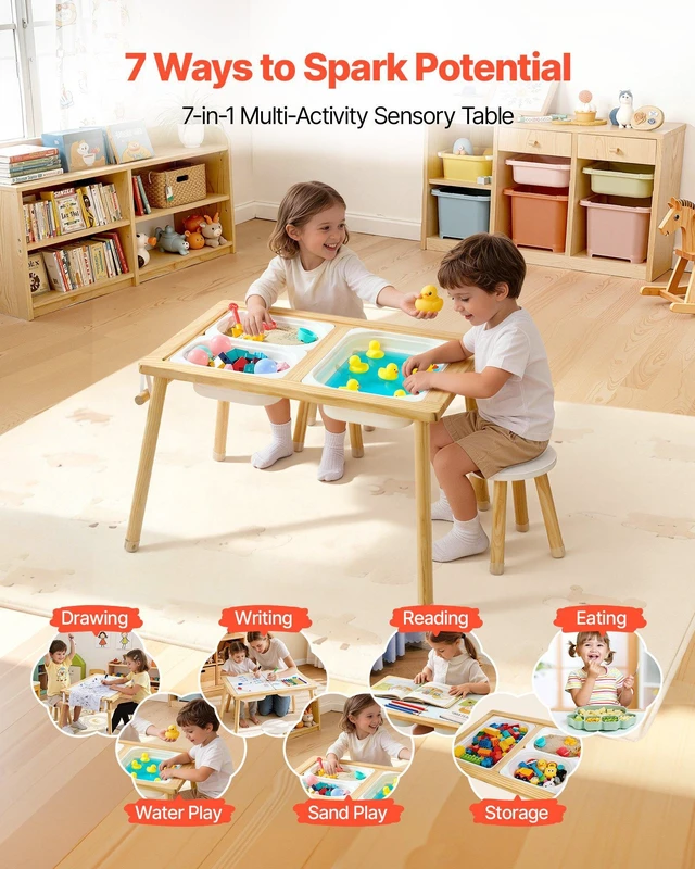 Alt view image 2 of 8 - VEVOR Sensory Table for Toddlers, Wooden Kids Activity Table with 2 Stools, Double-Sided Board, Storage Bins, and Non-Slip Feet, for Boys and Girls Playing Sand and Water, Drawing, Studying, Dining