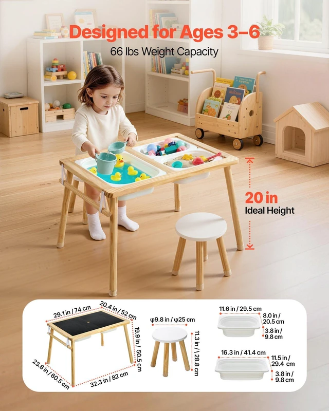 Alt view image 3 of 8 - VEVOR Sensory Table for Toddlers, Wooden Kids Activity Table with 2 Stools, Double-Sided Board, Storage Bins, and Non-Slip Feet, for Boys and Girls Playing Sand and Water, Drawing, Studying, Dining