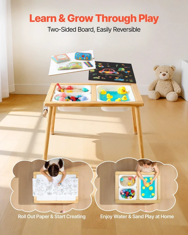 Alt view image 4 of 8 - VEVOR Sensory Table for Toddlers, Wooden Kids Activity Table with 2 Stools, Double-Sided Board, Storage Bins, and Non-Slip Feet, for Boys and Girls Playing Sand and Water, Drawing, Studying, Dining