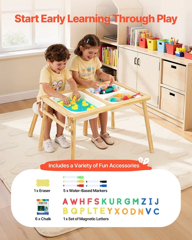 Alt view image 7 of 8 - VEVOR Sensory Table for Toddlers, Wooden Kids Activity Table with 2 Stools, Double-Sided Board, Storage Bins, and Non-Slip Feet, for Boys and Girls Playing Sand and Water, Drawing, Studying, Dining