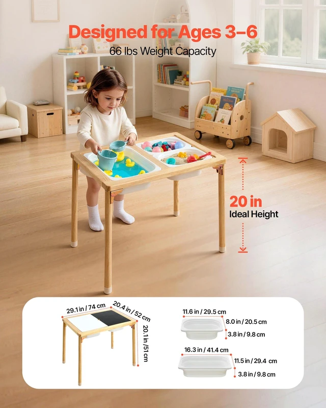 Alt view image 3 of 8 - VEVOR Sensory Table for Toddlers, Foldable Wooden Kids Activity Table with Double-Sided Board, Storage Bins, and Non-Slip Feet, for Boys and Girls Playing Sand and Water, Drawing, Studying, Dining