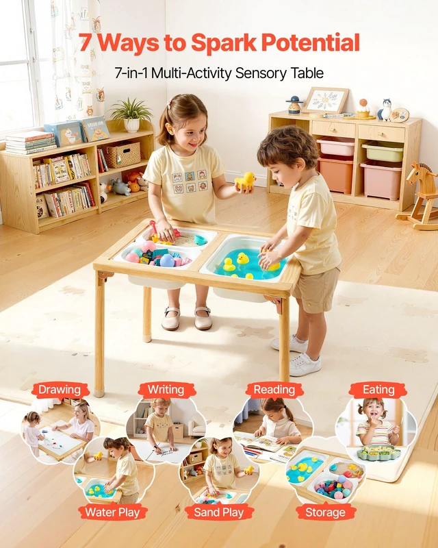 Alt view image 2 of 8 - VEVOR Sensory Table for Toddlers, Foldable Wooden Kids Activity Table with Double-Sided Board, Storage Bins, and Non-Slip Feet, for Boys and Girls Playing Sand and Water, Drawing, Studying, Dining