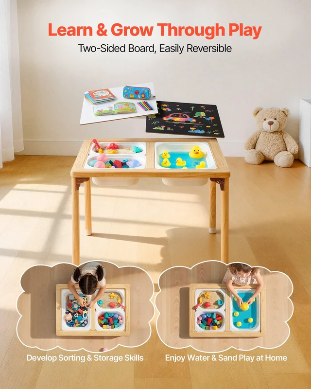 Alt view image 4 of 8 - VEVOR Sensory Table for Toddlers, Foldable Wooden Kids Activity Table with Double-Sided Board, Storage Bins, and Non-Slip Feet, for Boys and Girls Playing Sand and Water, Drawing, Studying, Dining