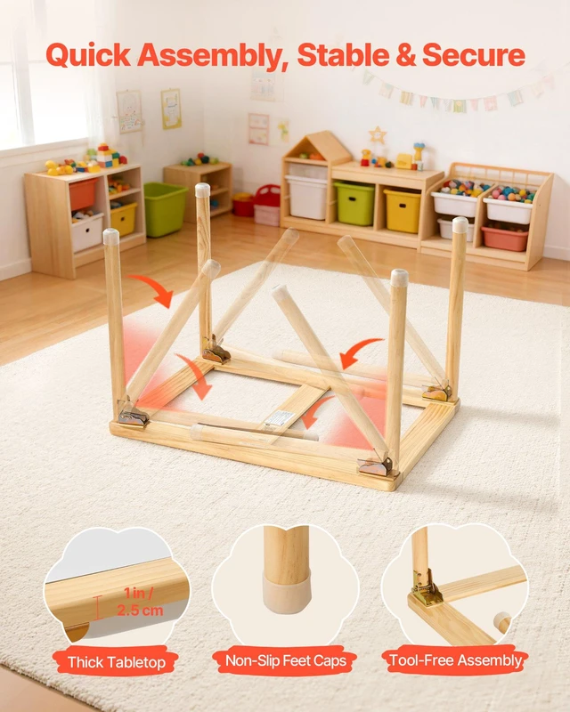 Alt view image 7 of 8 - VEVOR Sensory Table for Toddlers, Foldable Wooden Kids Activity Table with Double-Sided Board, Storage Bins, and Non-Slip Feet, for Boys and Girls Playing Sand and Water, Drawing, Studying, Dining