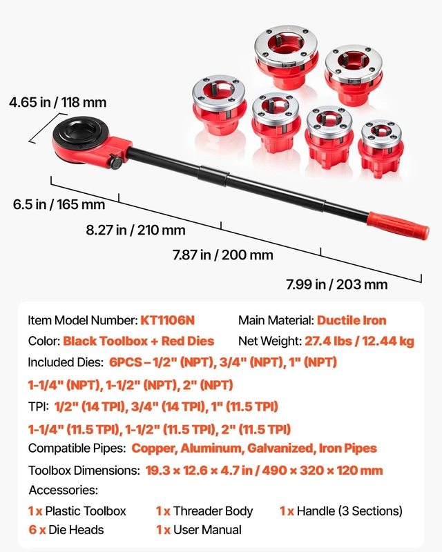 Alt view image 7 of 8 - VEVOR Ratchet Pipe Threader Kit with 6 Dies, 1/2" NPT to 2" NPT Manual Ratcheting Pipe Threading Tool, Portable Pipes Threader Set with Toolbox for Plumbing Installation & Repair