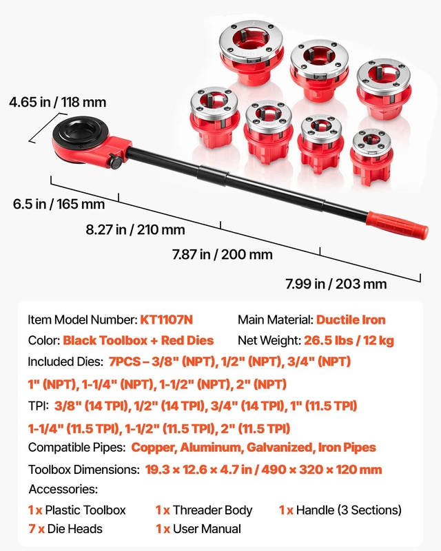 Alt view image 7 of 8 - VEVOR Ratchet Pipe Threader Kit with 7 Dies, 3/8" NPT to 2" NPT Manual Ratcheting Pipe Threading Tool, Portable Pipes Threader Set with Toolbox for Plumbing Installation & Repair