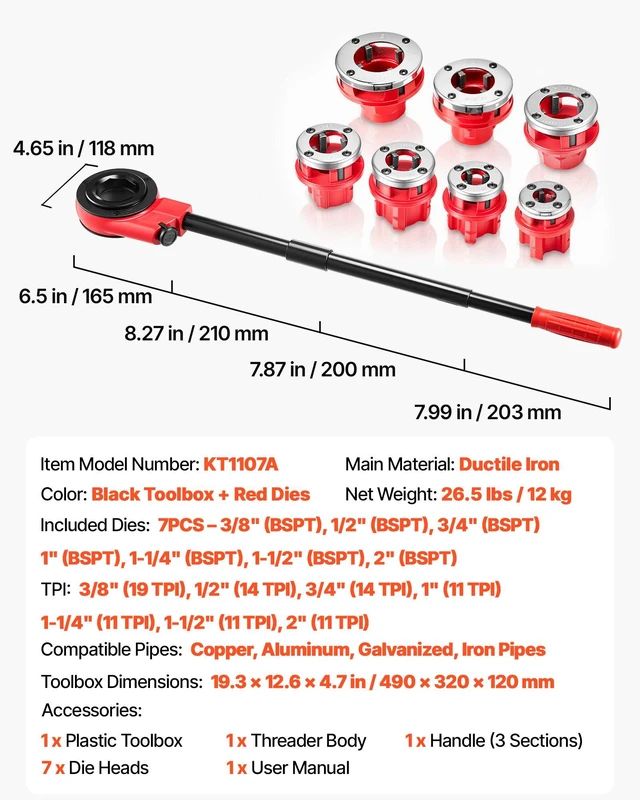 Alt view image 7 of 8 - VEVOR Ratchet Pipe Threader Kit with 7 Dies, 3/8" BSPT to 2" BSPT Manual Ratcheting Pipe Threading Tool, Portable Pipes Threader Set with Toolbox for Plumbing Installation & Repair
