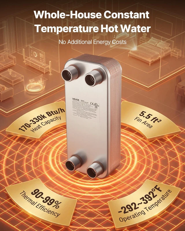 Alt view image 2 of 8 - VEVOR Plate Heat Exchanger, 5 x 12 in Brazed Plate Water to Water Heat Exchanger with 20 Plates, Mounting Bracket, Sturdy Stainless Steel Construction, 170-330K BTU for Boiler, Radiant Floor Heating
