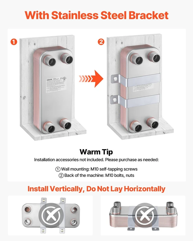 Alt view image 6 of 8 - VEVOR Plate Heat Exchanger, 5 x 12 in Brazed Plate Water to Water Heat Exchanger with 20 Plates, Mounting Bracket, Sturdy Stainless Steel Construction, 170-330K BTU for Boiler, Radiant Floor Heating