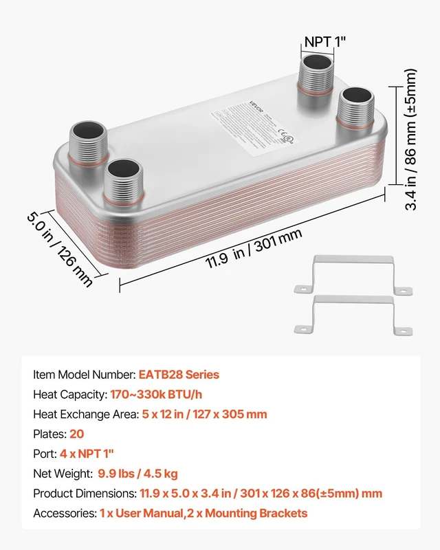 Alt view image 7 of 8 - VEVOR Plate Heat Exchanger, 5 x 12 in Brazed Plate Water to Water Heat Exchanger with 20 Plates, Mounting Bracket, Sturdy Stainless Steel Construction, 170-330K BTU for Boiler, Radiant Floor Heating