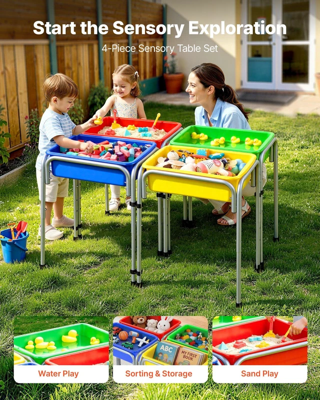 Alt view image 2 of 8 - VEVOR Sensory Table for Toddlers, Kids 4-Station Sand and Water Adjustable Play Table with Detachable Storage Bins and Non-Slip Feet, Carbon Steel Frame, Rounded Corners, for Boys and Girls Exploring