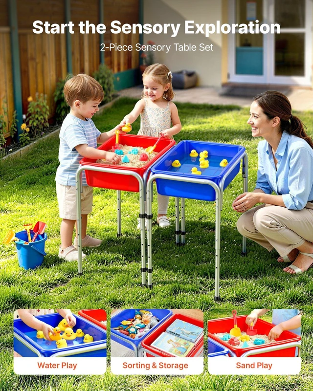 Alt view image 2 of 8 - VEVOR Sensory Table for Toddlers, Kids 2-Station Sand and Water Adjustable Play Table with Detachable Storage Bins and Non-Slip Feet, Carbon Steel Frame, Rounded Corners, for Boys and Girls Exploring