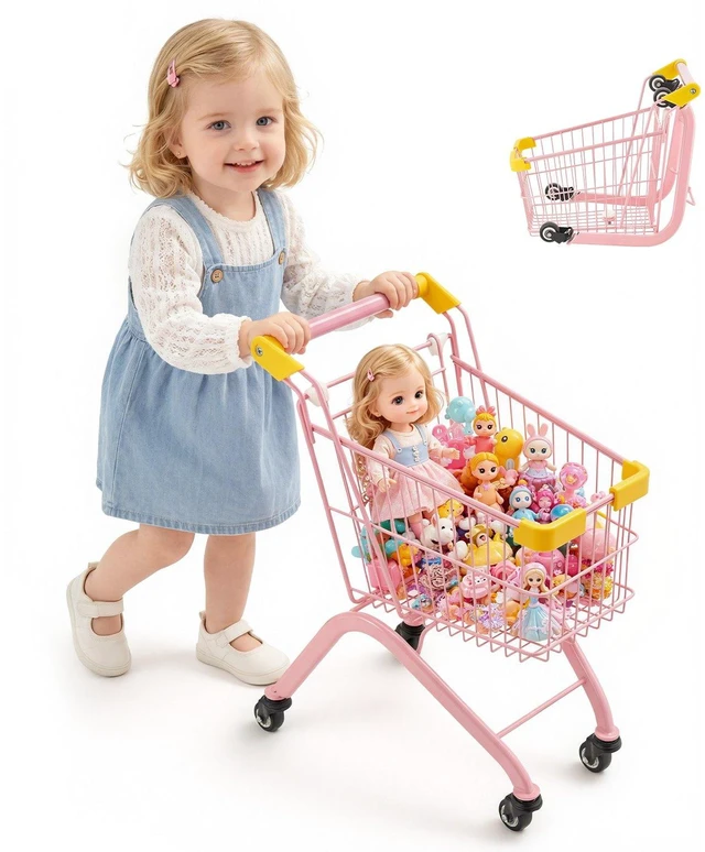 Main image of VEVOR Shopping Cart for Kids, Sturdy Steel Frame, Grocery Store Pretend Play Toy with Wheels, Dense Mesh Basket, Toy Shopping Cart Trolley, Foldable Design, Flip-Open Back, for Kids & Toddlers Ages 3+