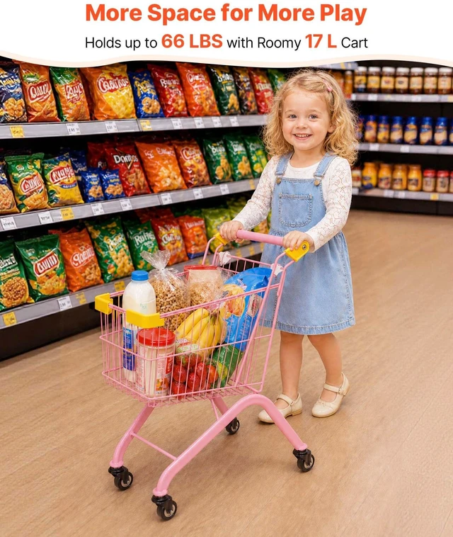 Alt view image 3 of 8 - VEVOR Shopping Cart for Kids, Sturdy Steel Frame, Grocery Store Pretend Play Toy with Wheels, Dense Mesh Basket, Toy Shopping Cart Trolley, Foldable Design, Flip-Open Back, for Kids & Toddlers Ages 3+